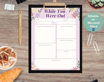Substitute Teacher Note | Spring | Floral | May | Printable | Substitute Report | Sub Plans | Seasonal | Flowers | Absence Note | Sub Binder