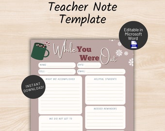 Substitute Teacher Note | Winter | Snowy | Hot Cocoa | Cozy | Printable |  Substitute Report | Sub Plans | Seasonal | Back to School | Edit