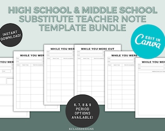High School Substitute Teacher Note Bundle | Relief Teacher  | Black and White Substitute Report | Sub Plans  |  Editable While You Were Out