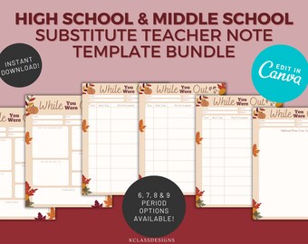 Fall High School Substitute Teacher Note Bundle | Middle School  | Autumn Substitute Report | Sub Plans  |  Editable While You Were Out