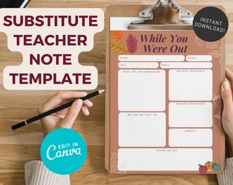 Fall Substitute Teacher Note | Cute September | Autumn | Printable | Substitute Report | Sub Plans | Elementary School | Sub Binder | Edit