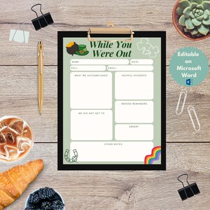 Substitute Teacher Note | Lucky | March | Rainbow | Printable |  Substitute Report | Sub Plans | Seasonal | St. Patrick&#39;s Day | Sub Binder