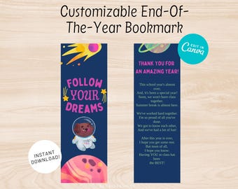 Customizable End of Year Teacher Bookmark | Space | Librarian | Inspirational | Printable | Student Gift | Last Day of School| Watercolor