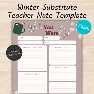 Nota do professor substituto | Inverno | Nevado | Cacau Quente | Aconchegante | Imprimível |  Relatório substituto | Subplanos | Sazonal | Sala de aula | Natal