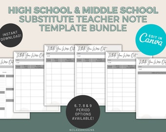 High School Substitute Teacher Note Bundle | Middle School  | Black and White Substitute Report | Sub Plans  |  Editable While You Were Out