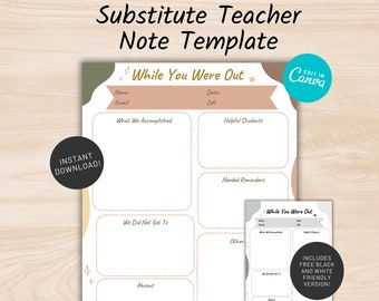 Boho Substitute Teacher Note | MidCentury Modern | Printable | Substitute Report | Sub Plans |  Fall | Relief Teacher | While You Were Away