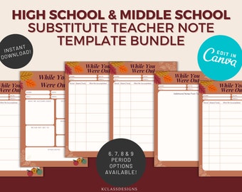 Fall High School Substitute Teacher Note Bundle | Middle School | September | Autumn Sub Report | Sub Plans | Editable While You Were Out