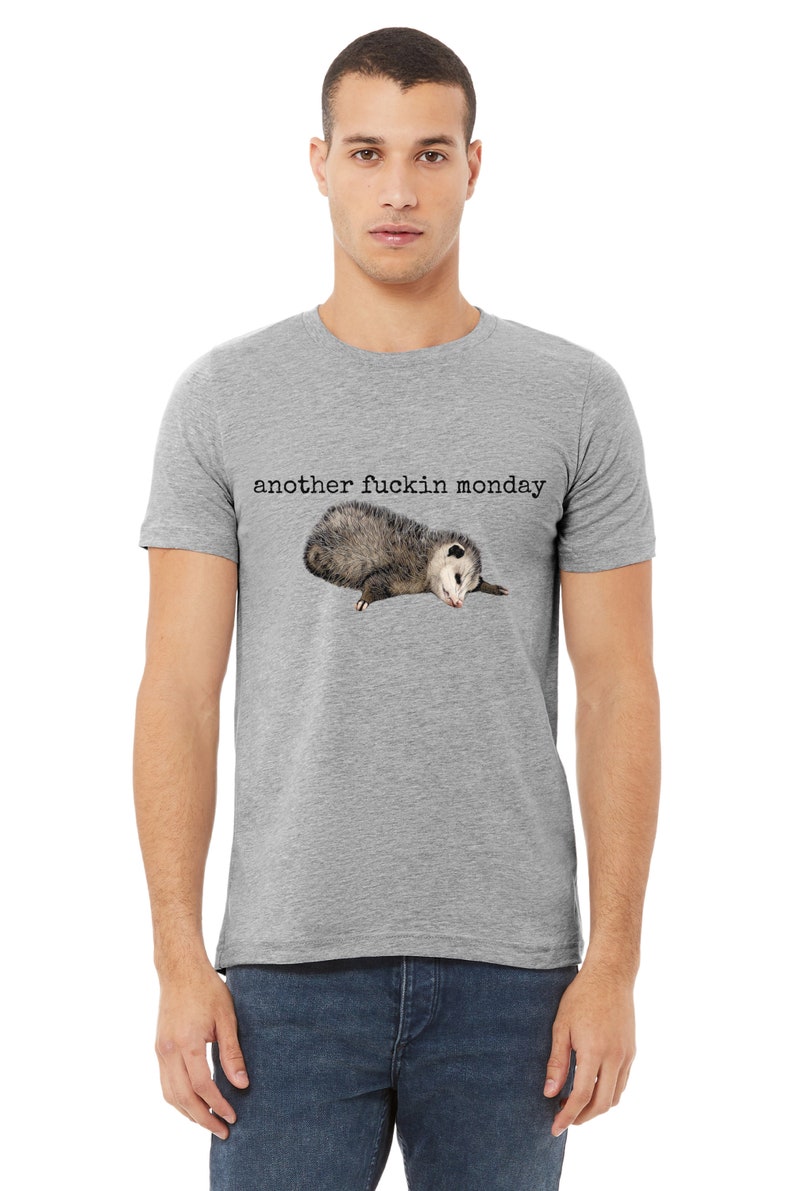 May include: A grey t-shirt with the text "another fuckin monday" and a small opossum lying down on the front.