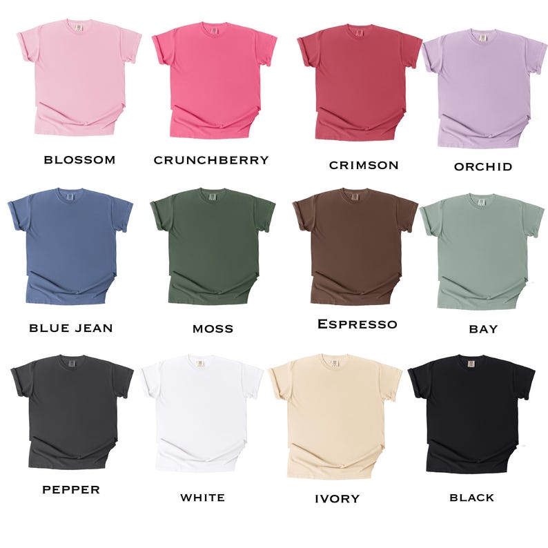 K&ouml;nnte beinhalten: Eine Sammlung von 12 leeren T-Shirts in verschiedenen Farben, darunter Bl&uuml;te, Crunchberry, Crimson, Orchidee, Blue Jean, Moos, Espresso, Bucht, Pfeffer, Wei&szlig;, Elfenbein und Schwarz.