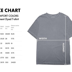 K&ouml;nnte beinhalten: Gr&ouml;&szlig;entabelle f&uuml;r ein garment-gef&auml;rbtes T-Shirt von Comfort Colors. Die Tabelle zeigt die Breite, L&auml;nge und die &Auml;rmelmitte hinten in Zoll f&uuml;r die Gr&ouml;&szlig;en S bis 4XL.