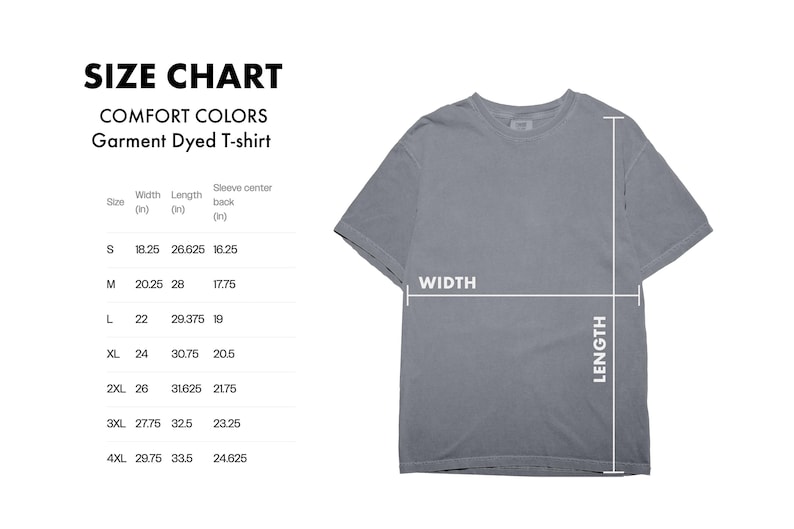 K&ouml;nnte beinhalten: Gr&ouml;&szlig;entabelle f&uuml;r ein garment-gef&auml;rbtes T-Shirt von Comfort Colors. Die Tabelle zeigt die Breite, L&auml;nge und die &Auml;rmelmitte hinten in Zoll f&uuml;r die Gr&ouml;&szlig;en S bis 4XL.