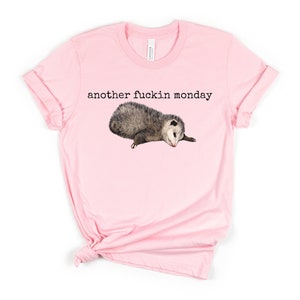 May include: A pink t-shirt featuring a graphic of a possum sleeping and the text "another fuckin monday" printed in black.