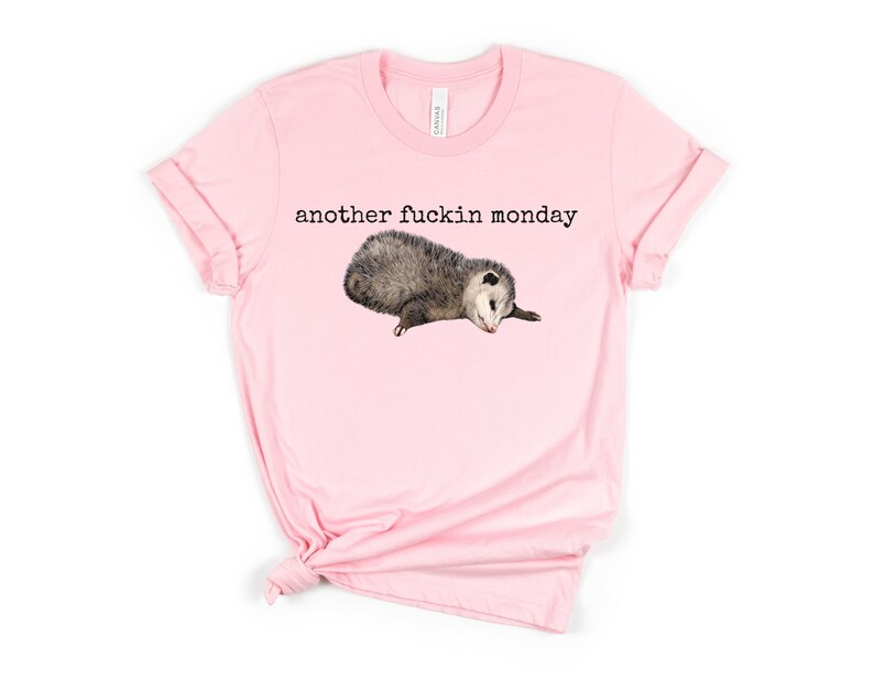 May include: A pink t-shirt featuring a graphic of a possum sleeping and the text "another fuckin monday" printed in black.
