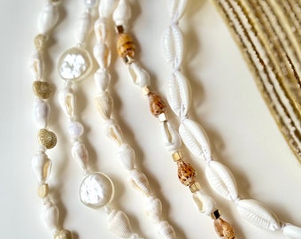 SHELL NECKLACES • Unisex  Puka Cowrie Necklaces Adjustable, Conch Shells Summer Beach Jewelry, Bohemian Accessories, Natural Sea Shell Gifts
