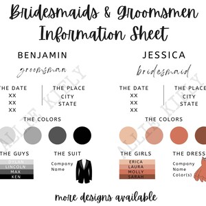 Bridesmaid Info Card, Wedding Bridal Party Info Card, Bridesmaid Information Card, Modern Bridesmaid Infographic