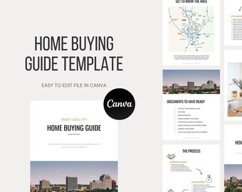 May include: A home buying guide template with a cityscape image, a map, and a checklist of documents to have ready. The template is easy to edit in Canva.