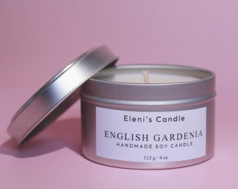 Candela Gardenia inglese / Versata a mano / Cera di soia / Fragranza floreale / Latta da 4 once