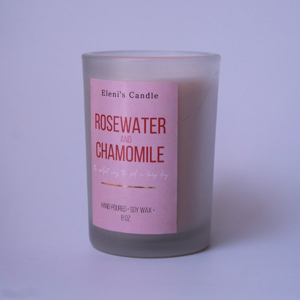 Rosewater and Chamomile Soy Wax Jar Candle, 8 oz, Frosted Glass, All Natural, Aromatherapy Relaxing Candle