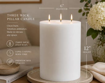 Large Pillar Candle (Pack of 1) - 6 Inch Diameter, Dripless & Smokeless Unscented, Long lasting - Hand-Poured