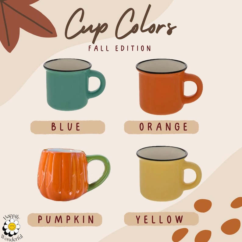 May include: A collection of four ceramic mugs labeled Cup Colors Fall Edition. Three mugs have a smooth finish in blue, orange, and yellow with black rims. One mug is shaped like a pumpkin with orange vertical ridges and a green handle.