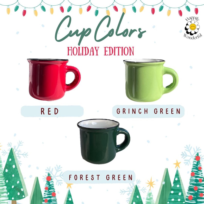 May include: Three ceramic mugs with black rims, labeled Cup Colors Holiday Edition. One is red, one is light green labeled Grinch Green, and one is dark green labeled Forest Green. The mugs have white interiors and a rounded handle design.