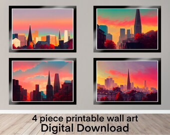 4 Piece  “Heavenly Peaks” City Sunset Gallery Wall Art Set.