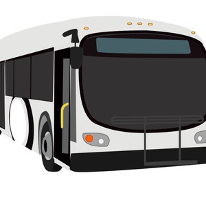 May include: A white bus with black windows and a black front bumper. The bus has a black metal rack on the front.