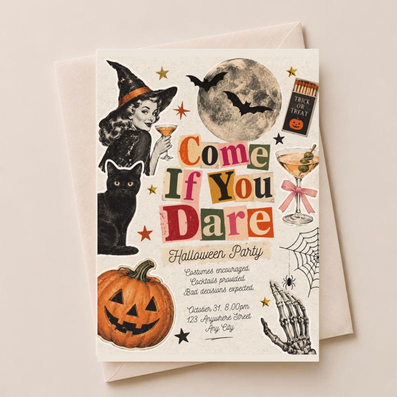 Vintage Halloween Party Invitation Template, Retro Halloween Invite ...