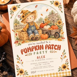 May include: A rectangular invitation card featuring a scarecrow sitting on hay next to a wooden wagon filled with pumpkins. The text reads: you're invited to a PUMPCHIN PATCH PARTY, ALEX IS TURNING FIVE, SUNDAY, NOVEMBER 1, 2026, 2:00 PM - 4:00 PM.