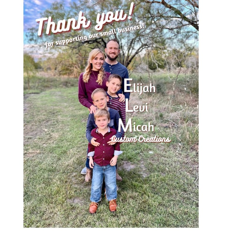 May include: A family of five poses for a photo in a grassy field. The family is standing in a line, with the father in the back and the children in front of him. The children are wearing red shirts and blue jeans. The father is wearing a blue shirt and jeans. The mother is wearing a red shirt and jeans. The family is smiling and looking at the camera. The text "Elijah, Levi, Micah, Custom Creations" is written on the image.