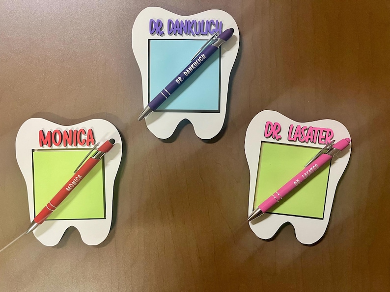 Personalized Dentist and Dental Hygienist / assistant Gift - Engraved Post-it Note Holder, Pen and custom Tooth Buddy magnet imagem 11