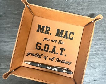 Personalized Leather Catch All Tray: Teacher Appreciation Gift with Engraved Pen