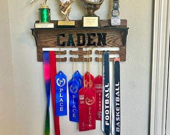 Custom name medal and ribbon hanger with trophy shelf - award display gift