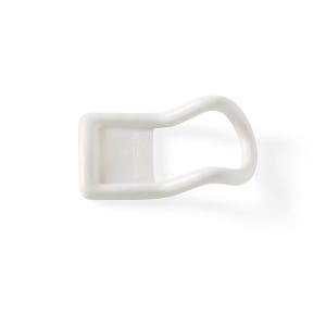May include: A white plastic handle with a rectangular base and a curved handle. The handle is designed for easy gripping and is likely used for lifting or carrying. The object is set against a plain white background.
