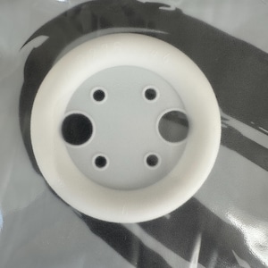 May include: A white, circular medical device with a central disc and a surrounding foam ring. The disc has five small holes and two larger ones. The device is packaged in a clear plastic bag.