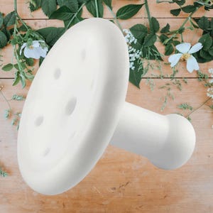 May include: A white mushroom-shaped decorative object with a stem and a rounded top featuring several small holes. The object is set against a wooden background with green leaves and white flowers.