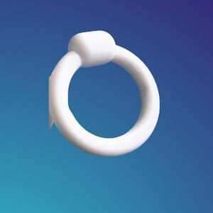 May include: A white, circular door pull with a rounded top and a ring-shaped handle. The door pull is made of a solid, opaque material and is set against a gradient blue background.