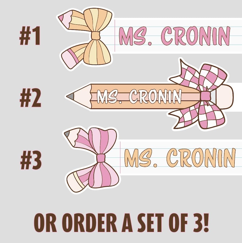 K&ouml;nnte beinhalten: Drei Bleistift-f&ouml;rmige Lesezeichen mit verschiedenen Schleifendesigns. Die Lesezeichen sind mit #1, #2 und #3 beschriftet. Jedes Lesezeichen tr&auml;gt den Text "MS. CRONIN". Der Text "OR ORDER A SET OF 3!" ist am unteren Rand des Bildes gedruckt.