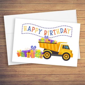 Biglietto di auguri di buon compleanno con camion giocattolo, biglietto di compleanno, biglietto di auguri per festeggiamenti per ragazzi