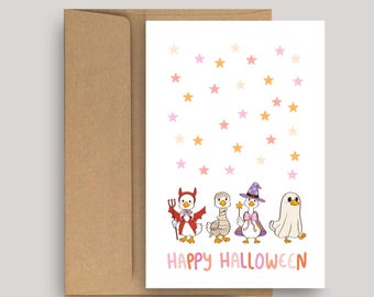 Happy Halloween Goose Card, Halloween Greeting Card, Spooky Trick or Treat Notecard with Envelope, Costume Ducks and Geese Celebrating
