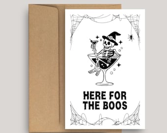 Tarjeta "Aquí para los Abucheos", tarjeta de felicitación de Halloween, tarjeta de truco o trato espeluznante con sobre, bebiendo Martini Esqueleto, bebida alcohólica
