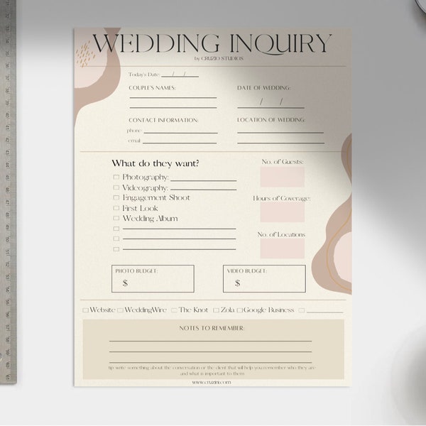 Photography Wedding Inquiry Form - Intake Form, Client Form, Wedding Photographer Template, Client Organization, Wedding Leads, Booking Form