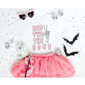 Toddler Bad TWO the Bone T-Shirt | Halloween Tee for Little Girls | Bad 2 the Bone Birthday Party Theme | Terrible Twos | Pink Vibes | 2T 3T