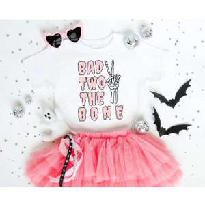 Toddler Bad TWO the Bone T-Shirt | Halloween Tee for Little Girls | Bad 2 the Bone Birthday Party Theme | Terrible Twos | Pink Vibes | 2T 3T