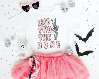Babies Bad TWO the Bone T-Shirt | Halloween Tee for Little Girls | Spooky Vibes | Terrible Twos | Pink Vibes | Bad 2 the Bone Birthday Party