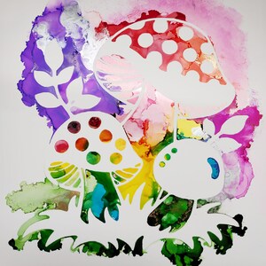Colorful rainbow ink art of mushrooms