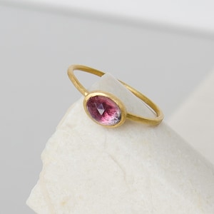 Watermelon Tourmaline in Solid 22k Gold Stacking Ring Rosecut Pink with Green Blue Hard to Find Multi-Shade Tourmaline Pretty Fun Great Gift
