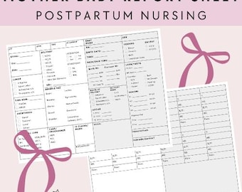 Può includere: Un foglio di rapporto di assistenza post-partum per madre e bambino, stampabile in bianco e nero, con sezioni per le informazioni sulla madre e sul bambino, tra cui travaglio, parto, segni vitali e farmaci. Il foglio è progettato per essere utilizzato dai professionisti sanitari.
