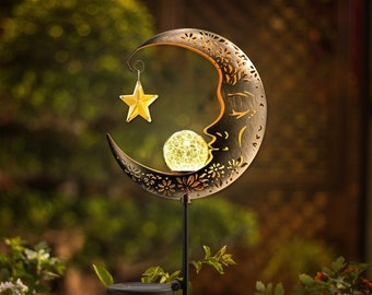 Solar Lights Outdoor Garden Decor Solar Moon Lantern Moon Decorations Crackle Glass Globe Stake Metal Lights Waterproof Warm  (Bronze)