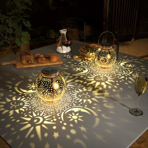 2 Pack Solar Lights Outdoor Garden Decor Hanging Solar Garden Lights for Table Design with Moon Star Sun LED